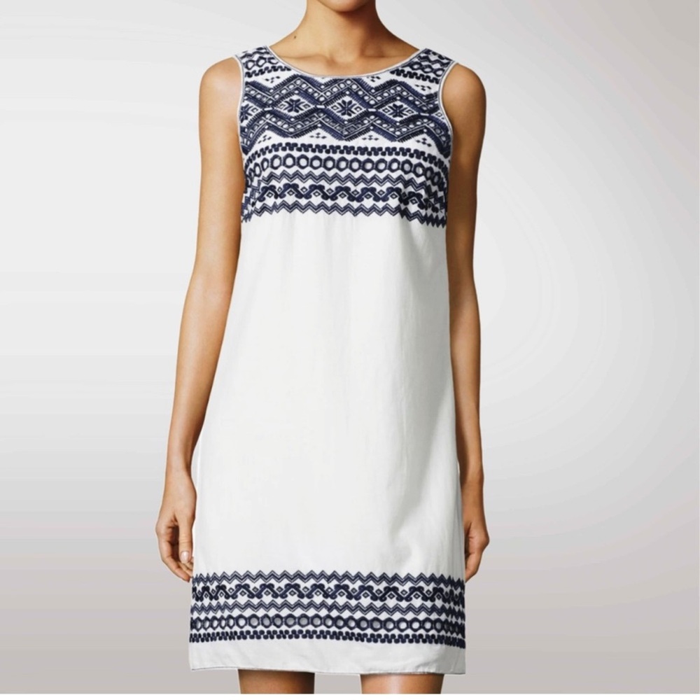 Max Mara Studio White Navy Blue Embroidered Sleeveless Cotton Shift Dress Sz XS